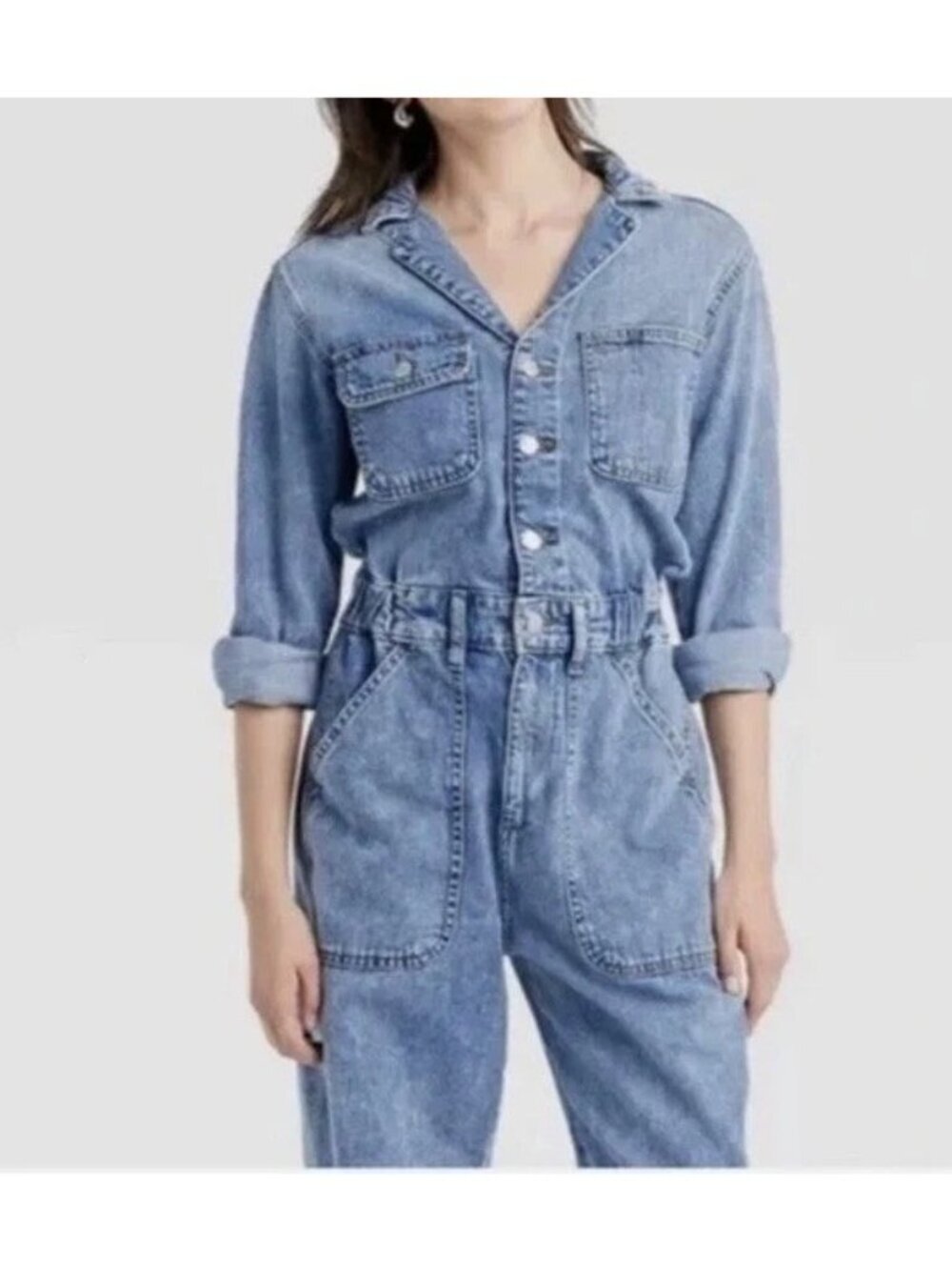 NWT Universal Thread Women’s 2R Denim Utility Jumpsuit Light Wash Button B0851 - Picture 5 of 16